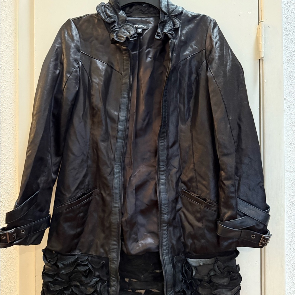 Bebe Black Long Jacket-Front Ruffle Cut Outs-Belted Sleeves-Size XS
